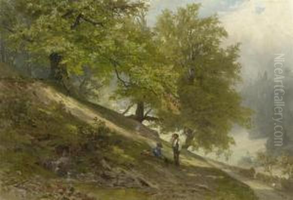 Two Hikers In A Forest Landscape - view 1