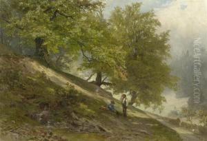 Two Hikers In A Forest Landscape by Olof Winkler