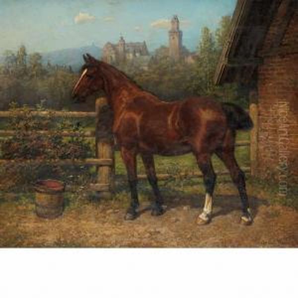 A Bay Hunter Beside A Stable With Castle In The Distance - view 1