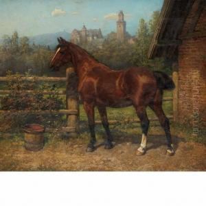 A Bay Hunter Beside A Stable With Castle In The Distance
