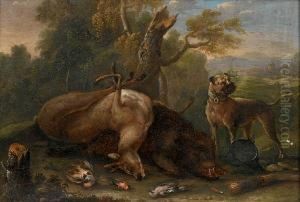 A Dog With A Dead Stag, Hare And Birds In Alandscape by Joseph Georg Winter