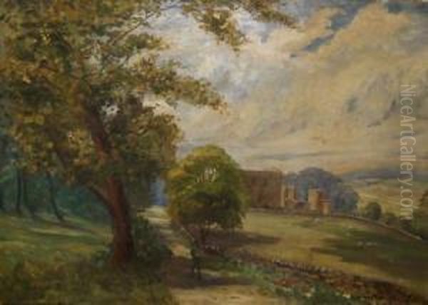 Figure On A Path By Stone Wall With Country House In Distance - view 1