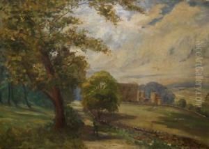 Figure On A Path By Stone Wall With Country House In Distance