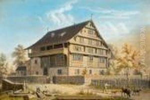 Innerschweizer Bauernhaus Mit Personen Und Vieh.zwei Wurmlocher Und Ein Kleiner Fleck, Sonst Sauberes Blatt. by Anton Winterlin