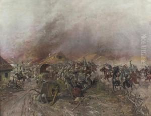 An Austrian Uhlan Regiment Attacking And Dispersing Murderous Andlooting Russians, In A Wolynian Town Nearby Cholm In 1915 by Leonard Winterowski