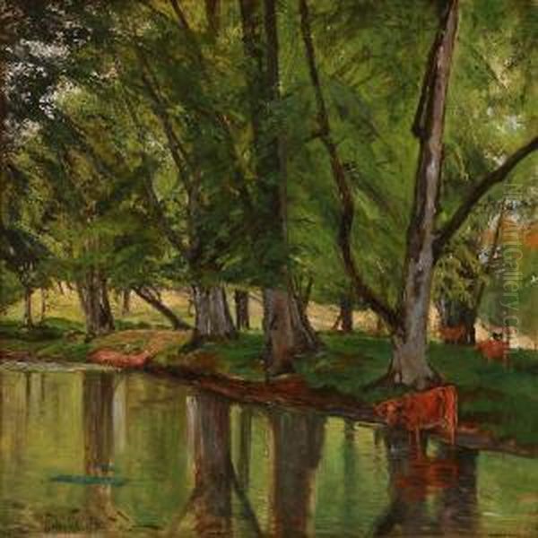 Forest Scene With Cows At A Stream - view 1