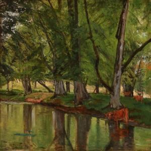 Forest Scene With Cows At A Stream by Frederik Winther