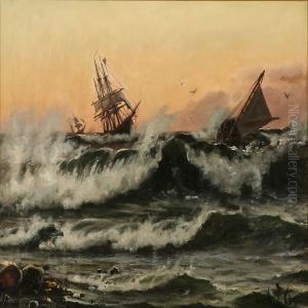 Sailing Ships In High Waves Near A Coast - view 1
