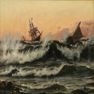 Sailing Ships In High Waves Near A Coast by Frederik Winther