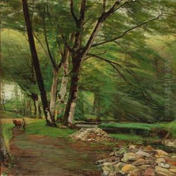 Forest Scenery With Man And Cow - view 1