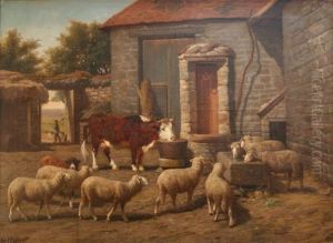 View Of A Continental Farmstead With A Cow And Sheep