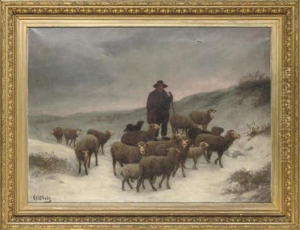 A Shepherd And His Flock In The Snow - view 1