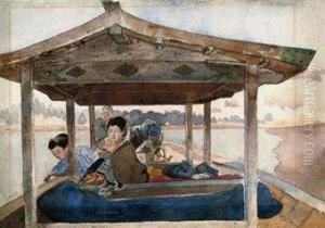 Japanese Figures On A Boat by Charles A., Wirgman Jnr.