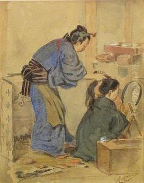 Two Japanese Figures In An Interior - view 1