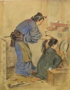 Two Japanese Figures In An Interior by Charles A., Wirgman Jnr.