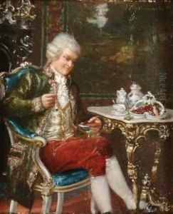An Interior, With A Bewigged Gentleman Watching A Canary Eat Cherries From The Table