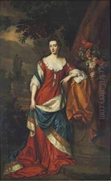 Portrait Of Francis Thynne, Lady Worsley, Full-length, In A Red Dress And A Blue Ermine-lined Mantle, A Domed Mansion In A Garden Beyond With Identifying Inscription 'franks Thynne Lady Worsley' (lower Right) - view 1