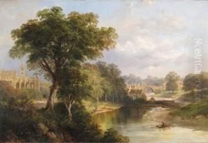 Figures In A River Landscape With An Abbey And A Town Beyond by William Frederick Witherington