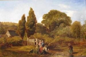 Children Playing At A Stream By A Garden Gate