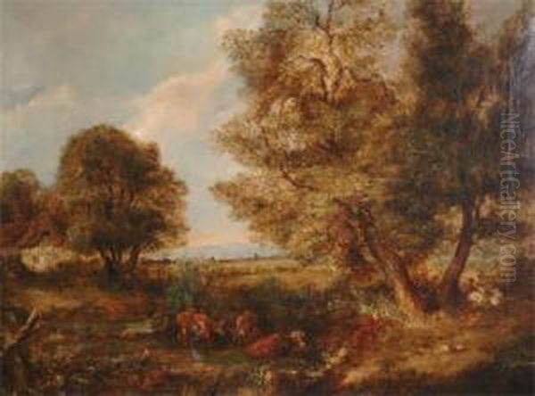 A Milkmaid Milking Beside A River, Sheep Beneath The Trees by William Frederick Witherington