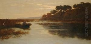 Extensive River Landscape, With Figure In Boat In The Foreground by Alfred Withers