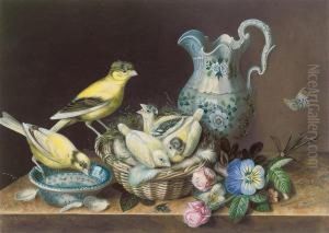 Still Life Of Two Canaries, A Nest Of Chicks, A Butterfly, Flowersand A Jug