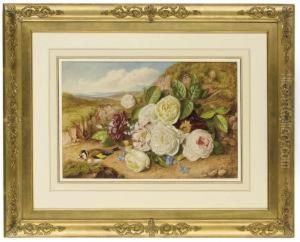 A Still Life Of Roses And A Chaffinch In A Landscape A Still Life Of Roses And A Chaffinch In A Landscape