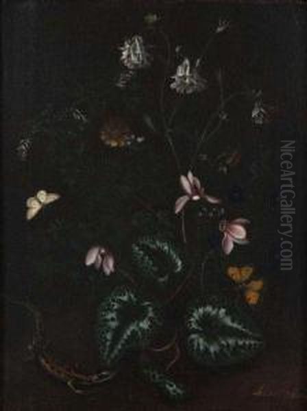Ancolies, Papillons Et Salamandre - view 1