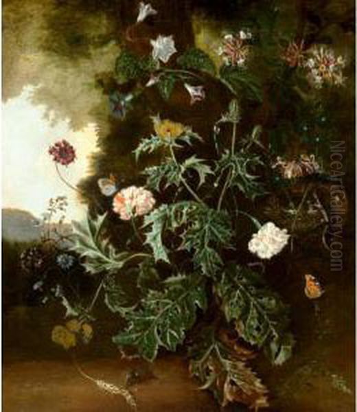 Still Life With Prickly Poppy, Carnations, Honeysuckle And Various Other Flowers With A Lizard On A Bird Nest, A Mouse, Butterflies, And A Caterpillar - view 1