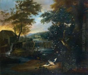 Paysage De Campagne Au Moulin, Avec Une Belette Et Une Canne Paysage De Campagne Au Moulin, Avec Une Belette Et Une Canne