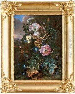 Skogsstilleben Med Plantor, Blommor, Fjaril Och Skogsmus Skogsstilleben Med Plantor, Blommor, Fjaril Och Skogsmus