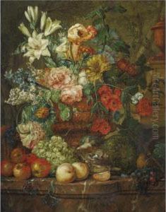 Still Life With Flowers And Fruit On A Marble Ledge