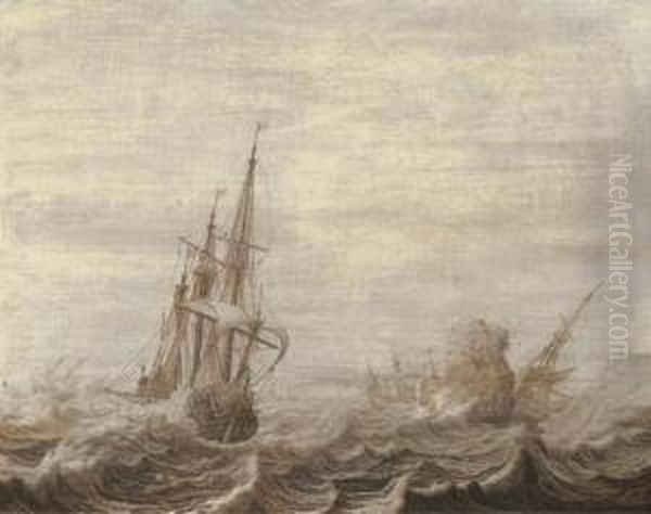A Penschilderij: Three-masters Off A Rocky Coast In Choppywaters - view 1