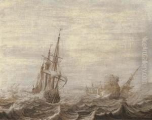 A Penschilderij: Three-masters Off A Rocky Coast In Choppywaters by Heerman Witmont