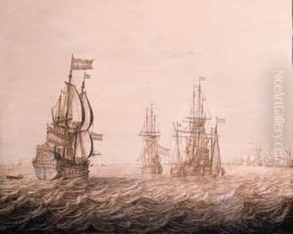 A Man-of-war Sailing Out From A Harbour With A Fluitschip And Amerchantman At Anchor Nearby In A Stiff Breeze - Apenschilderij - view 1