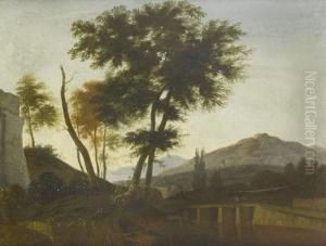 An Italianate Landscape With A Horseman Crossing A Bridge And A Village On The Horizon An Italianate Landscape With A Horseman Crossing A Bridge And A Village On The Horizon