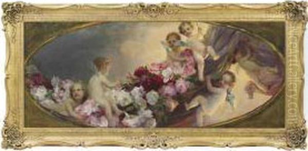 Putti With Flowers, Feigned Oval - view 1