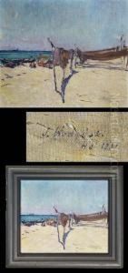 "strandszene" Mit Fischerbooten Und Gespannten Netzen by Josef Wodzinski