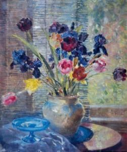 Still Life Of Tulips And Irises In A Vase by Arthur William Woelfle