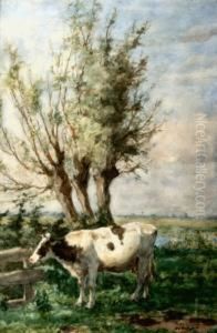 Koe Bij Wilgen. Gesigneerd by Herman Wolbers