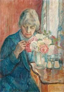 Kris Sewing / Lady By A Bouquet Ofroses by Oluf Wold-Torne