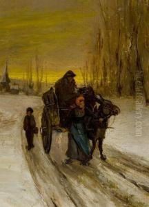 A Winter Scene With Horse Drawn Cart And Figures by Andeal Wolf
