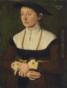 Portrait Of A Lady, Half-length, In A Red Dress With Fur Cuffs, A Cap, And A Gold Chain by Hans Wolf