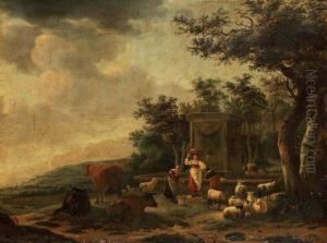 Gardienne Et Son Troupeau Devant Une Fontaine