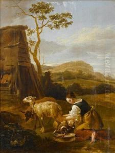 A Peasant Girl Milking A Goat by Jan Baptist Wolfaerts