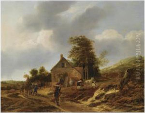 A Dune Landscape With A Peasant Woman Milking Sheep Outside Afarmhouse, A Water Carrier And A Shepherd With His Cattle On Apath, A View Of The Saint Bavo Church In Haarlem Beyond - view 1