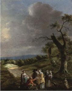 A Wooded Landscape With A Man Selling A Dove To A Lady On Apath by Jan Baptist Wolfaerts