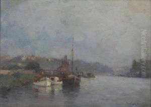 View Of Boats Along A River by Gustave Wolff