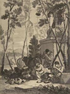 Hirtenidyll Mit Kuhen.
Kupferstich Nach Johann Heinrich Schonfeld Auf Butten Mit Wz. "schlangenstab Mit Buchstaben 'ws'". Ca. 46,5 : 35,5 Cm. Krapf 80. by Georg Andreas I Wolfgang