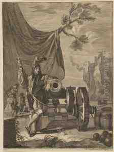 Krieger Neben Einer Kanone.
 Kupferstich Nach Johann Heinrich Schonfeld Auf Festem Papier. Ca. 27 : 20 Cm. Krapf 87. - view 1